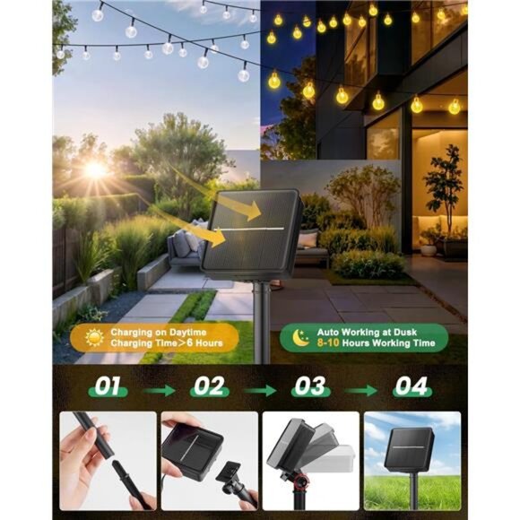Solar String Lights Outdoor Waterproof, 2 Pack 60 LED 36.5 FT Each - Picture 6 of 7